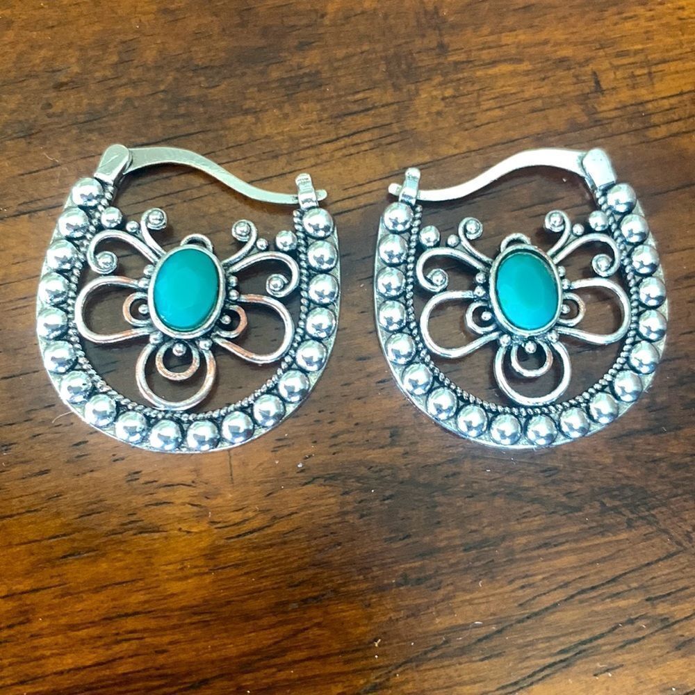 Balinese Style Butterfly Hoop Earrings in Silver Tone with Turquoise Accents